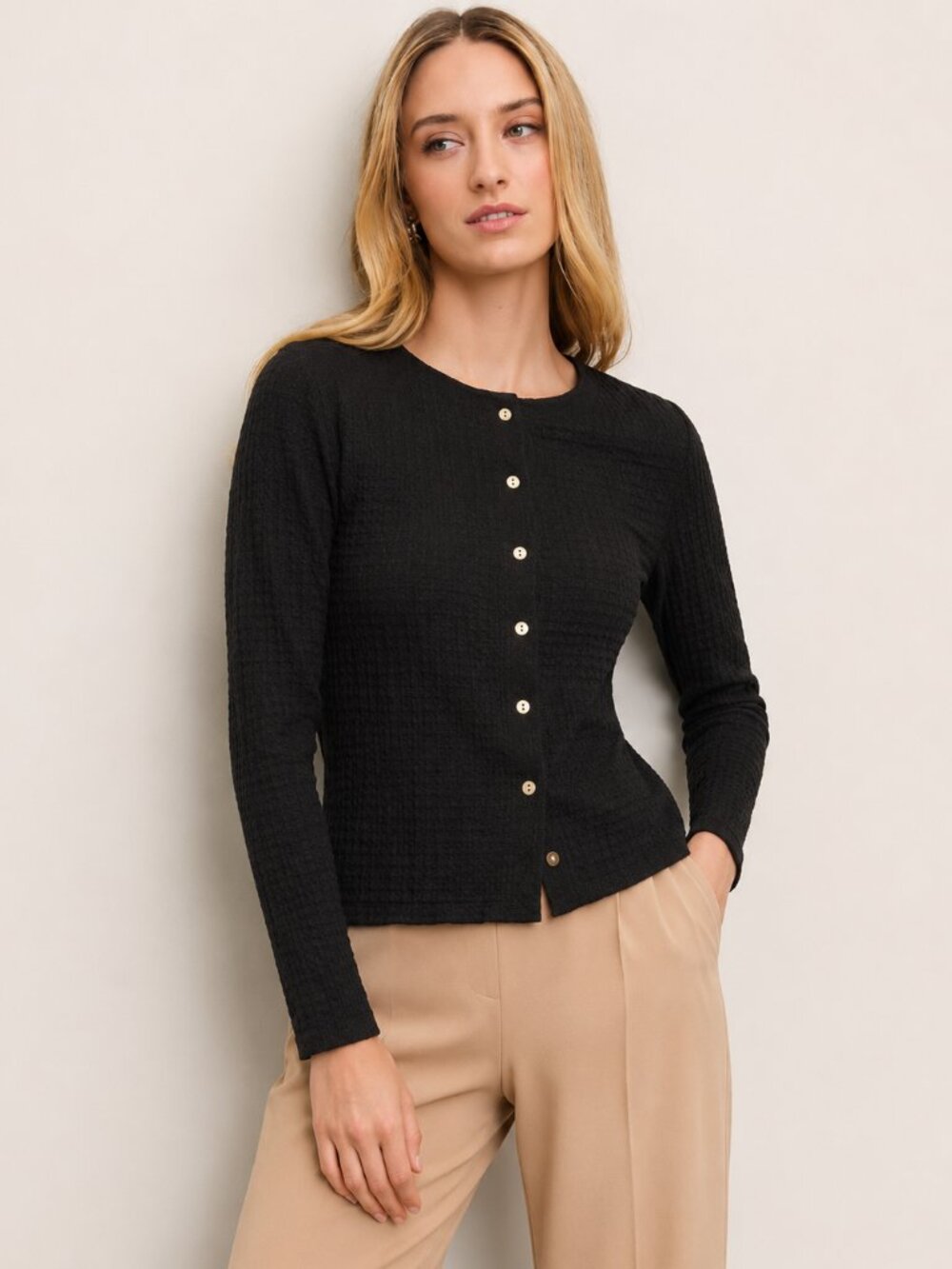 NWT Ann Taylor Lettuce Trim Button Top Ribbed Knit Black M Women's